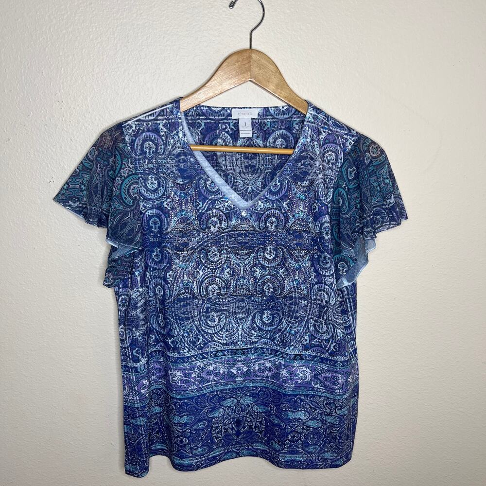 Chico's Purple and Blue Print Short Sleeve Tee 1